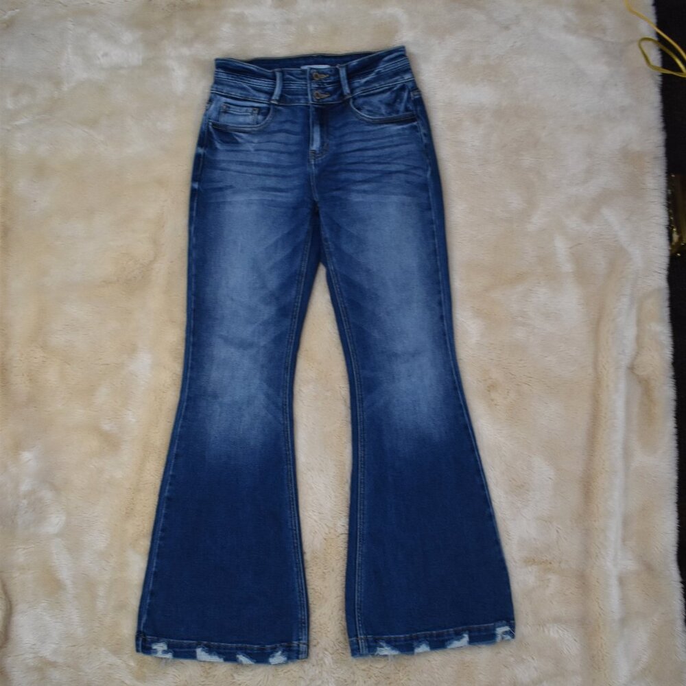 KanCan Dark Blue High-Waist Flare Jeans with Frayed Hem - Picture 15 of 15